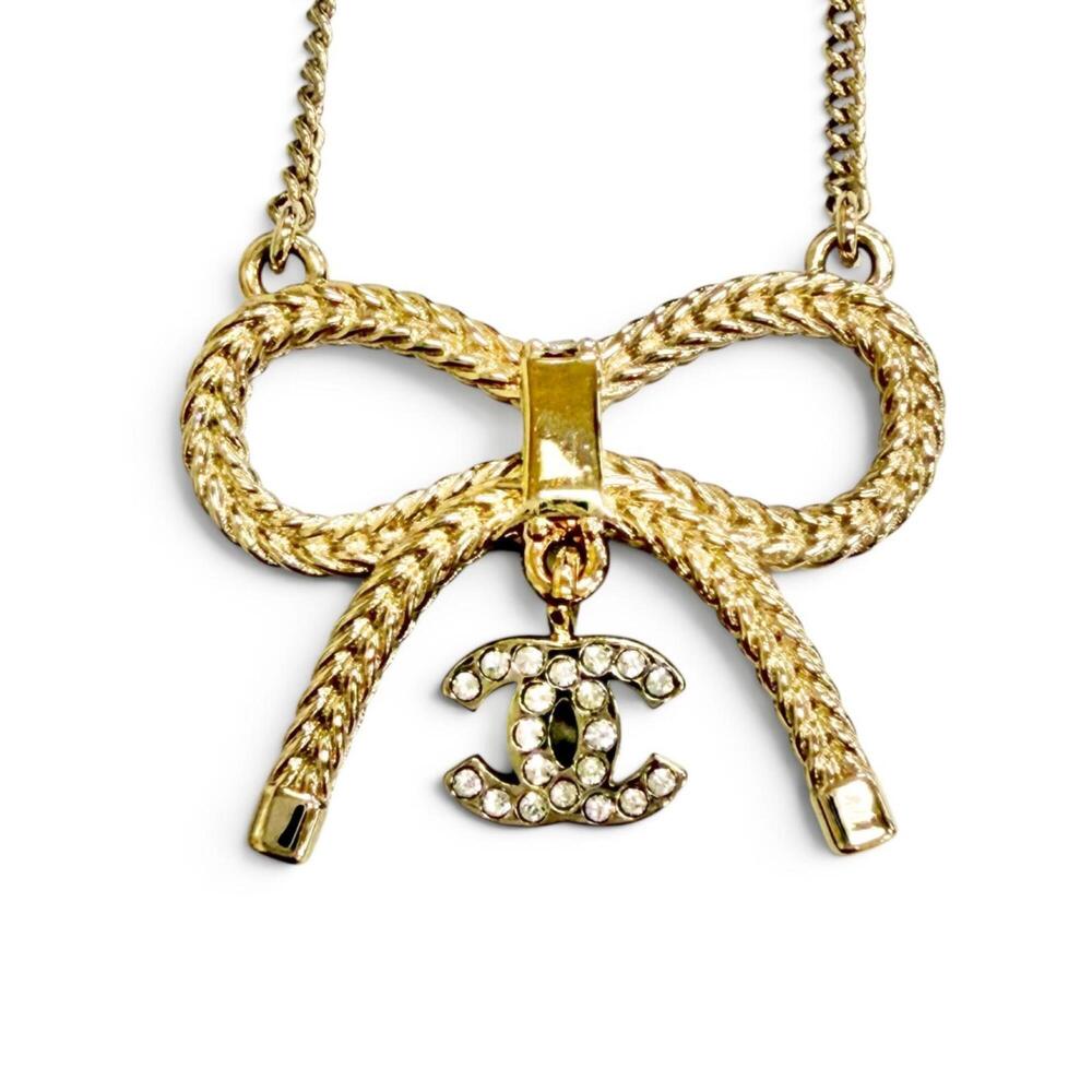 CHANEL B24K ABE650 Coco Mark Rhinestone Ribbon Necklace, Gold, Made in Italy,...